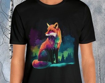 Camiseta Northern Lights Red Fox / Camisa Snowy Fox / Arctic Rainbow Fox Top / Fox Winter Tee / Unisex- Camiseta de manga corta Jersey para hombre y mujer