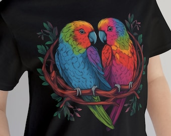 Camiseta Lovebirds / Camisa de pájaro romántica / Camisetas de corazón y ala / Top de pájaro colorido / Camiseta de pareja / Unisex- Camiseta de manga corta Jersey para hombre y mujer