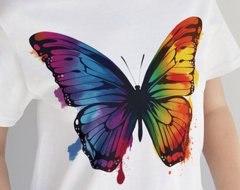 Camiseta de mariposa arco iris de acuarela / LGBTQ+ Butterfly Top / Pride Parade Top / Primavera / Unisex- Camiseta de manga corta Jersey para hombres y mujeres