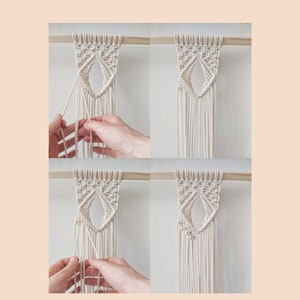 May include: Two close-up images showing how to tie a square knot using white string on a wooden dowel. The text in the image reads: "Next we will do some more square knots as below. Refer to earlier pictures if you need a refresh on how to do this. Start with strings 1-4, then 3-6, 5-8 and 7-10"