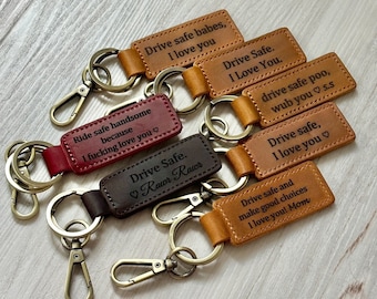 Personalized Leather Keychain: Drive Safe Gift, Custom Engraved