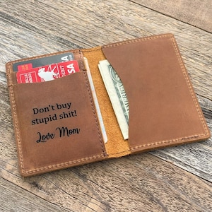 No hagas estupideces, regalo del Día del Padre, billetera de cuero minimalista personalizada, billetera delgada plegable, regalo para ella y para él, regalo de graduación