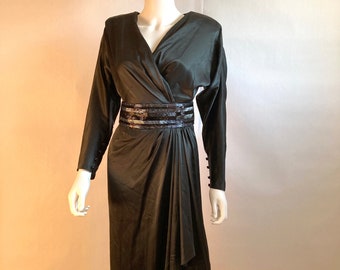 LILLIE RUBIN 80s Black Midi beaded band elegant party dress