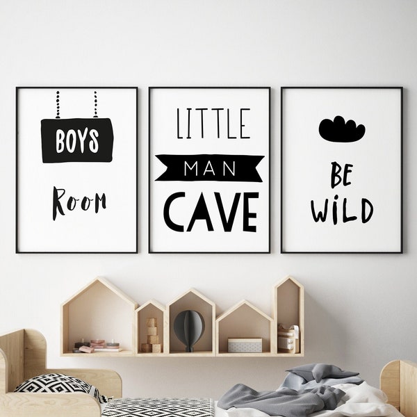 Set of 3 Gallery Wall Art Prints, Little Man Cave Boys Room Art Poster, Be Wild Scandinavian Kids Room, Nursery Decor Black & White Pictures