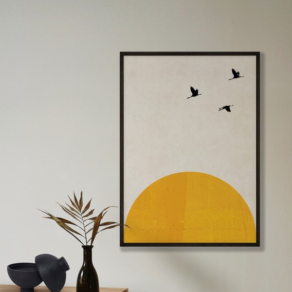 Abstract Mustard & Black Print, Sun Rising Wall Art, Birds Minimal Home Decor, Kitchen Poster Print, Ochre Picture Wall Art Bedroom Gift