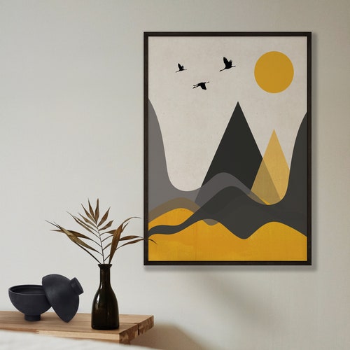 Abstract Mustard Mountain Hills Art Digital Print, Sun & Birds Home Decor, Illustration Kitchen Poster Print, Bedroom Picture Wall Art Sign