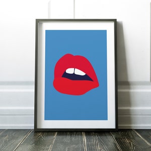 Retro Punk Red Lips Digital Print, Woman Lipstick Colour Sign, Blue Gallery Wall Art, Fashion Poster Print, Printable Bedroom Home Decor