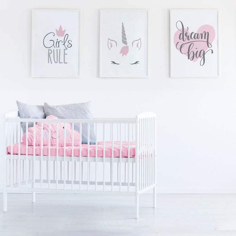 Set of 3 Gallery Wall Art Poster Prints, Girls Rule Unicorn Dream Big Heart Prints, Grey Pink Girls Room Nursery Kids Decor, Digital Picture image 2