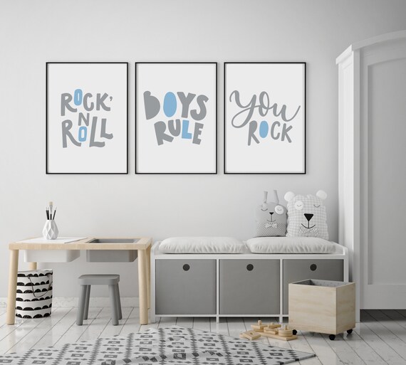 Set Of 3 Gallery Wall Art Poster Prints Boys Rule Rock N Roll You Rock Baby Blue Grey Kids Play Room Nursery Decor Gloss Images Gifts