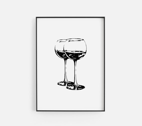 Black White Wine Glasses Silhouette Print Kitchen Drink Etsy