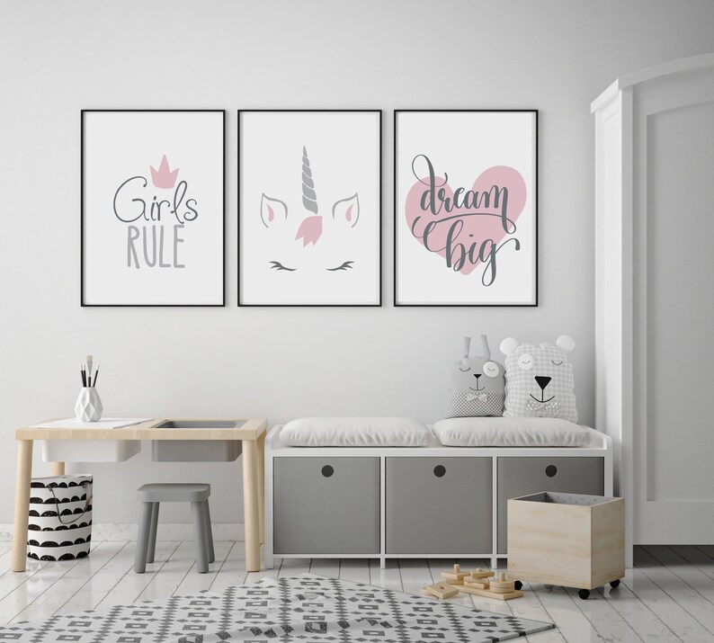 Set of 3 Girls Rule Unicorn Dream Big Pink Prints Nursery Kids Room Wall Art