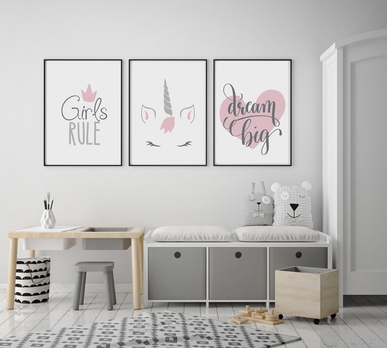 Set of 3 Gallery Wall Art Poster Prints, Girls Rule Unicorn Dream Big Heart Prints, Grey Pink Girls Room Nursery Kids Decor, Digital Picture image 1