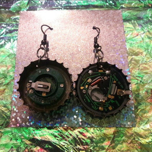 clock guts bottlecap earrings