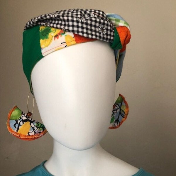 NEW - Boho-Hippie - green gingham, black daisies gingham, blue, orange, yellow & floral patchwork Headband and Earrings Set