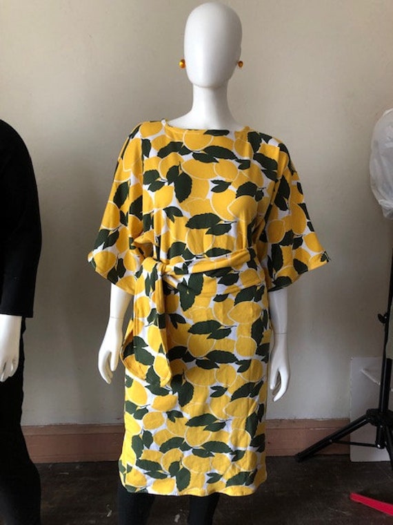 NEW - Pullover Lemon Yellow Print Cotton Knit Dress - 3/4 Sleeves -  Matching Belt/sash - Spring-summer - Etsy