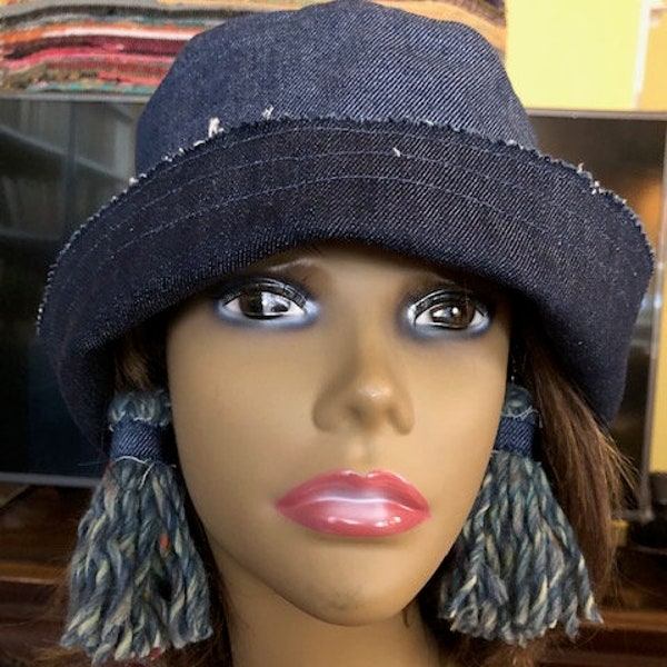 NEW Reversible medium/dark blue denim raw edge bucket hat matching blues chunky yarn tassel denim accent earrings (pierced or non-pierced).