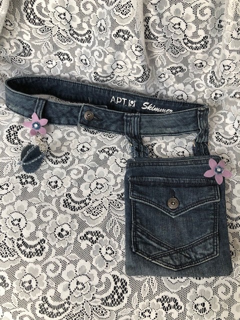 NEW - Boho Hippie Blue denim Fabric belt bag Fannie Pack (30" waist) with origami ball chain accent and matching pierced earrings