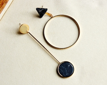 Mismatched Statement Earrings, Asymmetrical Gold Dangle Earrings, Black Marble Earrings, Geometrical Earrings, Art Deco, 925 Silver Posts
