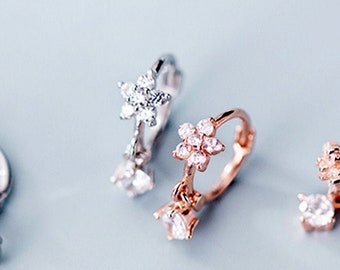 S925 Sterling Silver Post 14K Gold Plated Birth Month Flower Huggie Hoop Earring Coin Dangle Birth Floral Earrings for Sensitive Ears Birth Flower Hoop Earrings