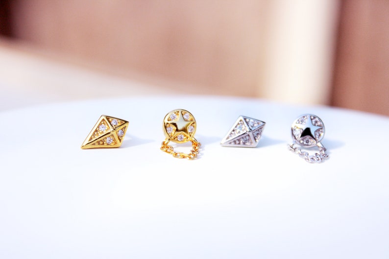 Dainty Mismatched Stud Earrings Star Earring Gold Chain Studs Gold Geometric Studs Minimalist Earring CZ Studs Diamond Shaped Studs