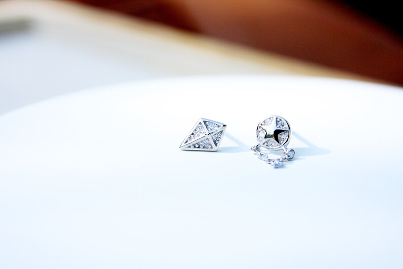 Dainty Mismatched Stud Earrings Star Earring Gold Chain Studs Gold Geometric Studs Minimalist Earring CZ Studs Diamond Shaped Studs