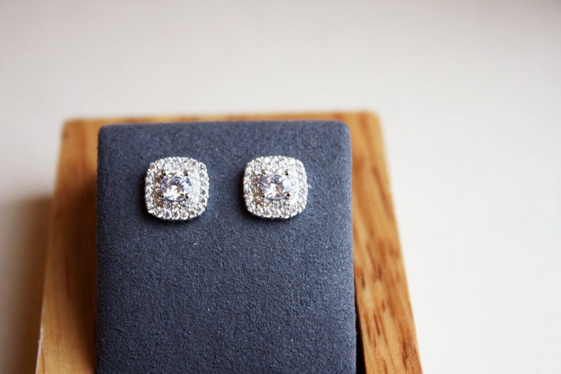 Halo Cluster Square Earrings Bridesmaid Gift Princess Cut CZ Studs Silver Square Stud Earrings Minimalist Earrings,Gift Bridal Earrings
