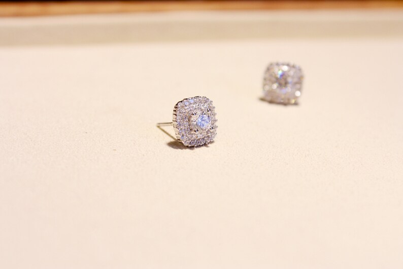 Halo Cluster Square Earrings Bridesmaid Gift Princess Cut CZ Studs Silver Square Stud Earrings Minimalist Earrings,Gift Bridal Earrings