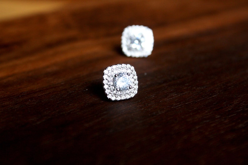 Halo Cluster Square Earrings Bridesmaid Gift Princess Cut CZ Studs Silver Square Stud Earrings Minimalist Earrings,Gift Bridal Earrings