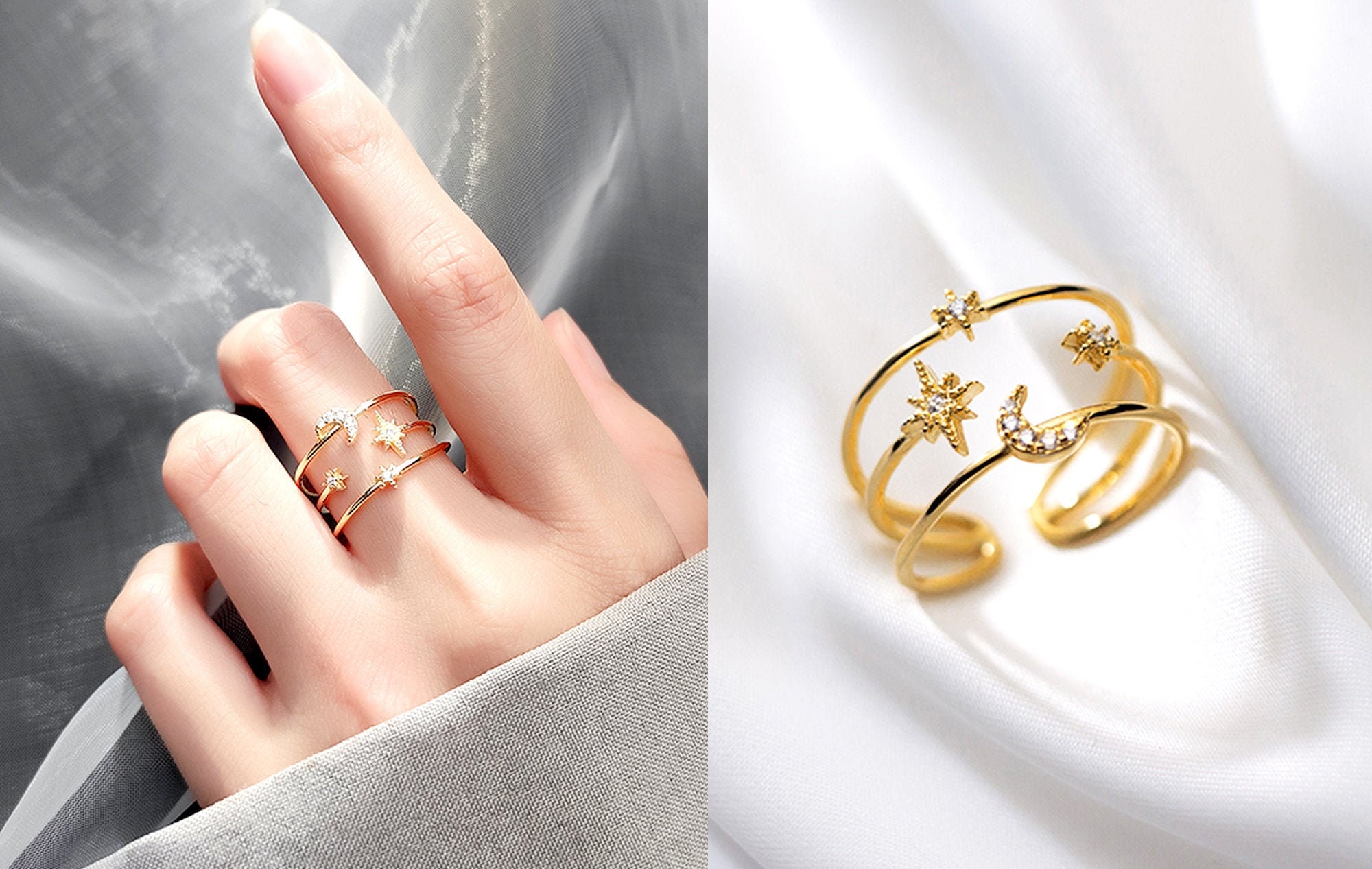 Minimalist Ring Gold or Silver Stackable Ring Dainty Ring Adjustable Moon and Star Ring Gold Ring Beautiful Gifts Silver Ring