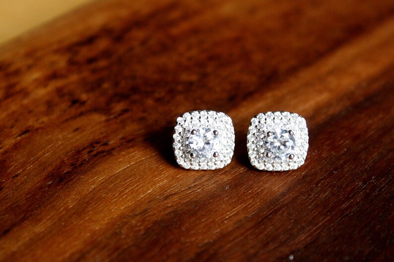 Halo Cluster Square Earrings Bridesmaid Gift Princess Cut CZ Studs Silver Square Stud Earrings Minimalist Earrings,Gift Bridal Earrings
