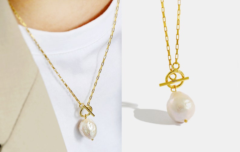 Long Gold Layered Necklace Baroque Pearl Charm Link Chain Etsy