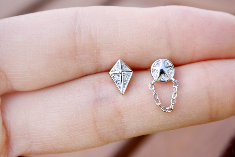 Dainty Mismatched Stud Earrings Star Earring Gold Chain Studs Gold Geometric Studs Minimalist Earring CZ Studs Diamond Shaped Studs
