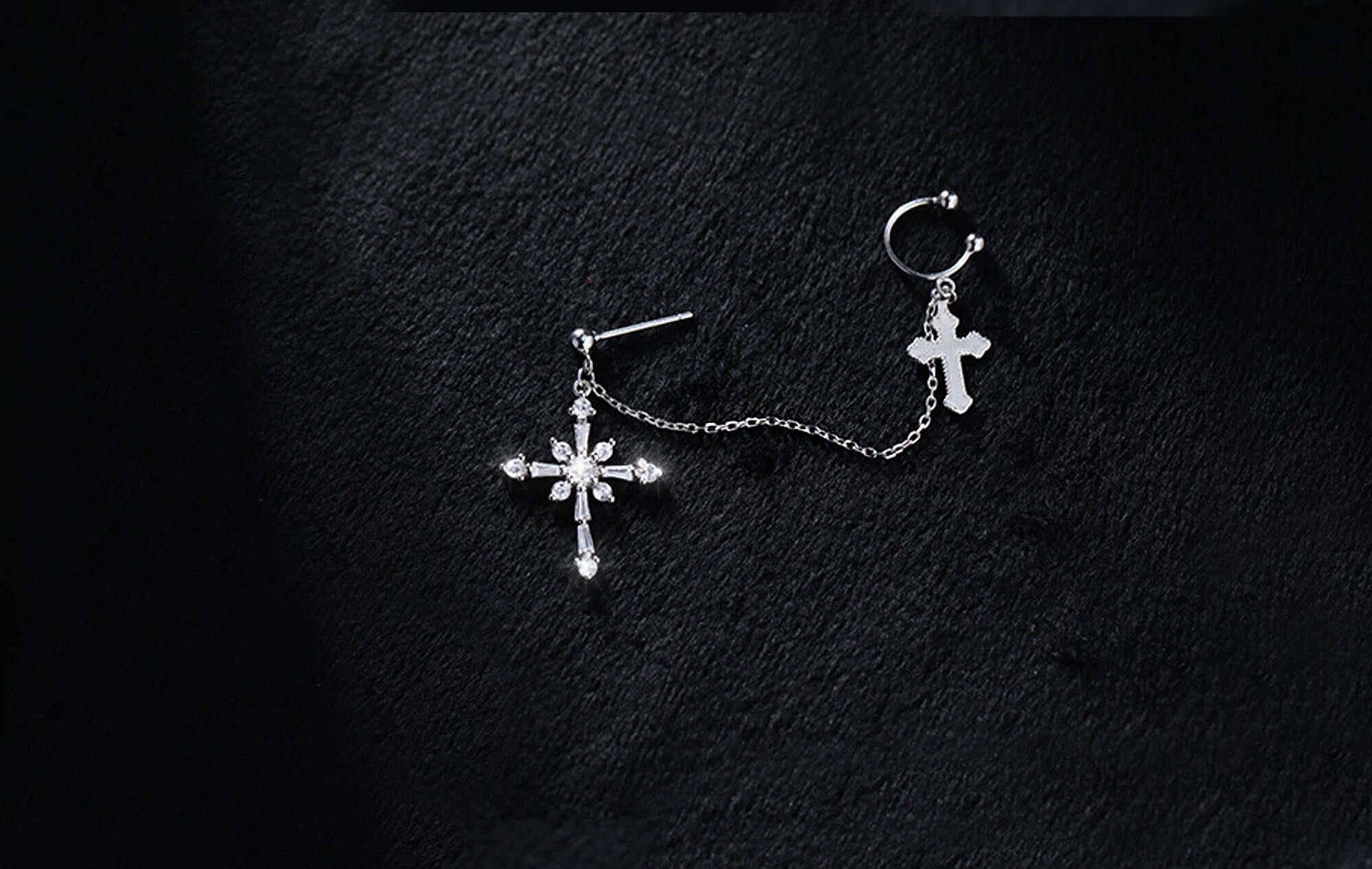 Silver Cross Earring with Chain and Ear Cuff Dainty Chain Etsy