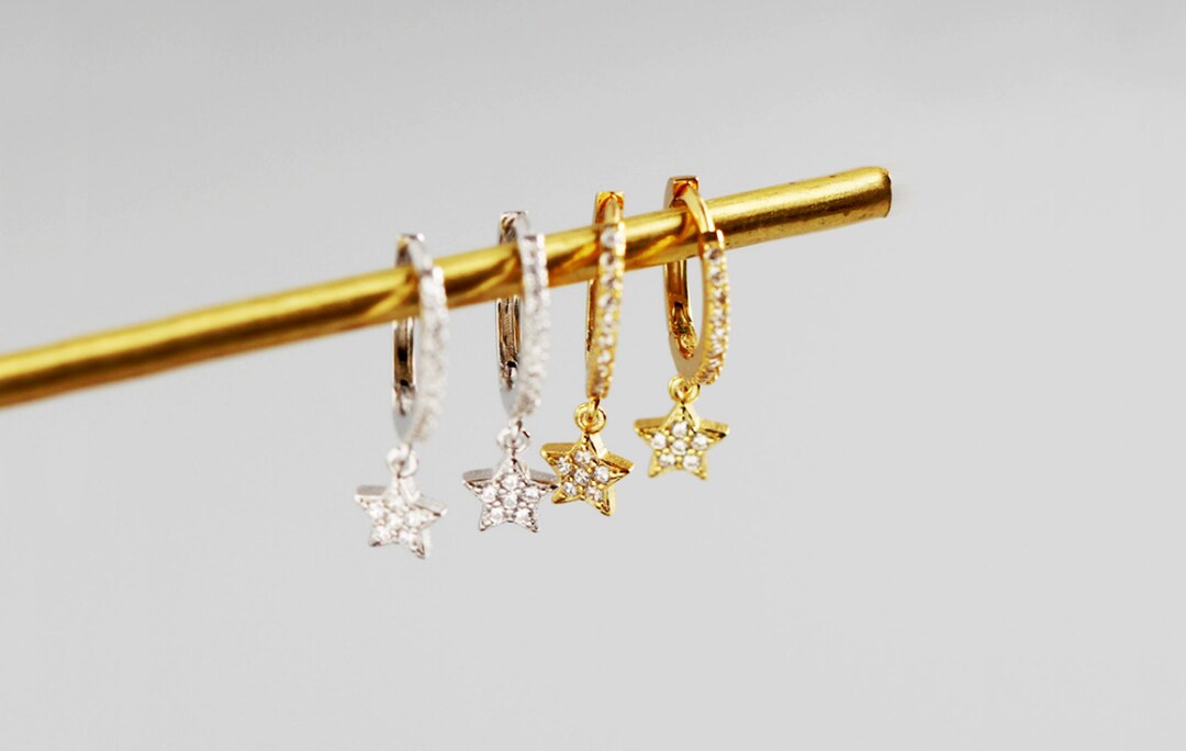 Dainty Gold Huggie Hoops With Star Charm Star Drop Hoops CZ - Etsy UK