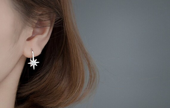 Silver Northern Star Earrings Cz Star Drop Earrings Etsy
