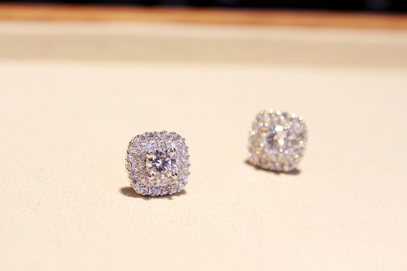 Halo Cluster Square Earrings Bridesmaid Gift Princess Cut CZ Studs Silver Square Stud Earrings Minimalist Earrings,Gift Bridal Earrings