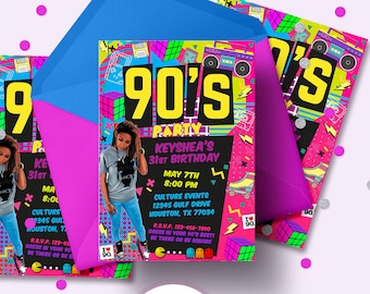 90s theme party birthday invitation with photo Pink and Black boombox invite printable digital download. Can be for 80's party