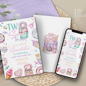 Editable Two Sweet Birthday Invitation Girl, Pink Yellow Purple Blue Cupcake Ice cream Donut Birthday Invite, evite Instant Download Corjl