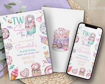 Editable Two Sweet Birthday Invitation Girl, Pink Yellow Purple Blue Cupcake Ice cream Donut Birthday Invite, evite Instant Download Corjl