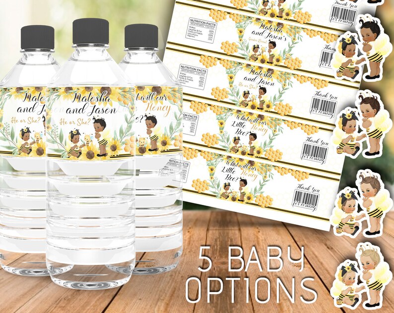Editable he or she Bee bottle label Yellow white what will it bee gender reveal boy or girl decorations party favors