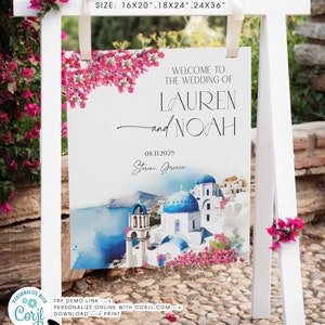 Destination wedding welcome sign Greek Santorini sign watercolor poster Travel wedding decor wedding stationary Editable Corjl