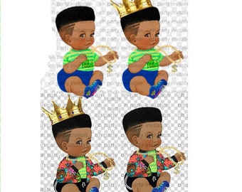 Hip Hop Baby Prince Blue Yellow & Green Stripes Cap Hat Crown Sneakers Gold chain png Fade Haircut Baby Shower png files Instant Download