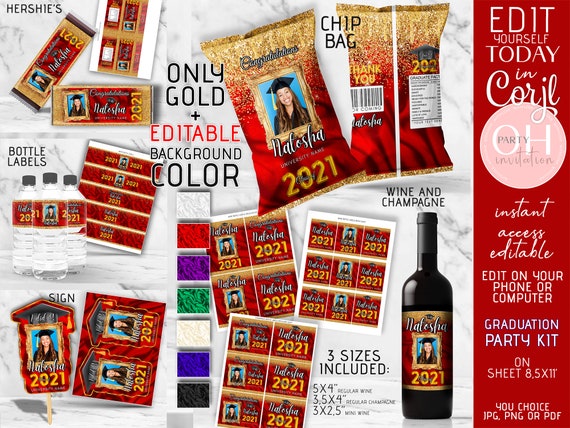 Editable Graduation Party decorations 2021 kit with picture candy bar, chip bag, fans, wine label, water bottle Corjl GOLD & YOUR COLOR Il_570xn