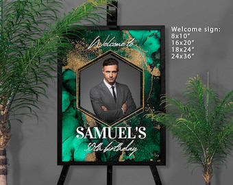 Ink Green Gold Birthday Welcome Sign Banner Printable T204 ( Editable Canva Template)