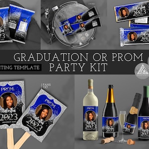 Graduation or Prom Royal Blue Black Silver decoration candy bar, chip bag, fans, wine, champagne, water bottle label centerpieces 2025 Corjl