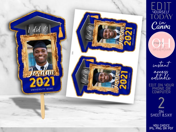 Editable Graduation fans with photo royal blue gold Centerpiece Graduation photo booth navy party decorations favors 2021 Girl Boy CANVA DIY Il_570xn