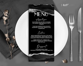 Black Silver Dinner Menu Card: Birthday Party Printable T901G (Editable Canva Template Download)