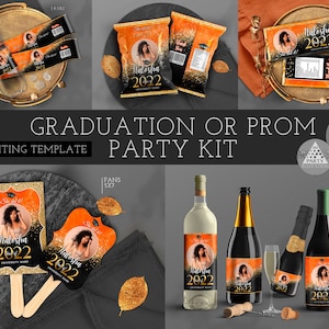 Graduation Orange Black with pic Senior 2025 Party decorations 2024 candy bar, chip bag, fans, Champagne label, centerpieces 2023 Corjl