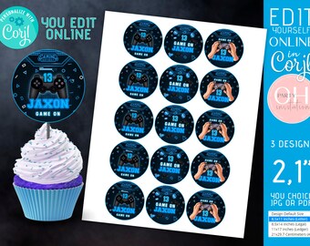 Game on blue cupcake topper birthday decorations gamer party supplies round labels digital instant download Editable on Corjl