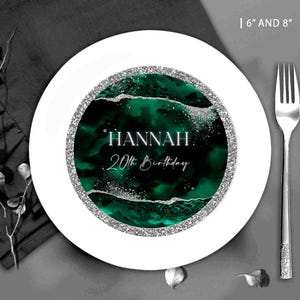 Emerald Green Silver Charger Plate Inserts: DIY Dinner Birthday Party Favors T100 ( Editable Canva Template)
